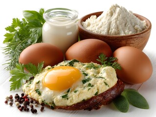 Fototapeta premium A delicious cloud egg on toast surrounded by fresh herbs, eggs, flour, and milk sits on a white table top.