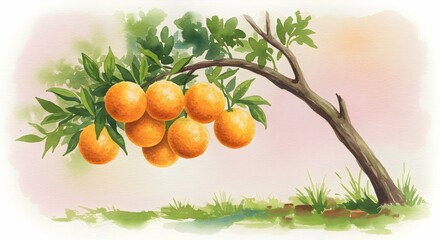 Watercolor orange tree branch laden with ripe fruit against a soft pink sky