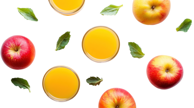 Colorful arrangement of fresh apple juice and ripe apples with green leaves on a clean background