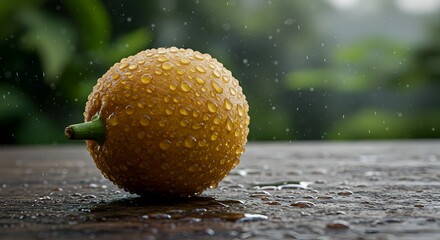 Wet Lemon Still Life: Raindrops Clinging to Citrus on Weathered Wood Surface