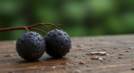 Wet elderberries on a branch, covered in raindrops, resting on a wooden surface