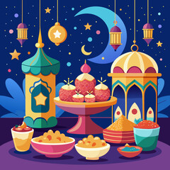 colorful illustration of a ied or iftar menu, suitable for ied and ramadhan graphic element