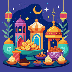colorful illustration of a ied or iftar menu, suitable for ied and ramadhan graphic element