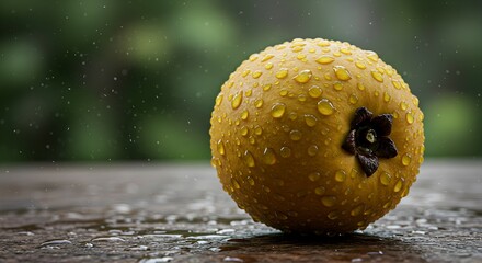 Wet Yellow Persimmon with Raindrops on Wooden Surface, Blurred Green Background