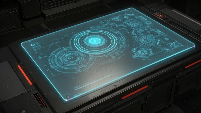 Futuristic Holographic Display with Intricate Blueprints, Perfect for Sci-Fi Interface and Design