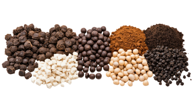 Various Types of Raw Organic Coffee and Cocoa Products Displayed on a White Background for Culinary and Beverage Use
