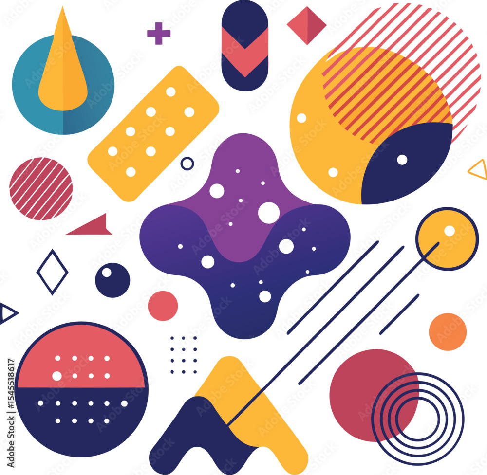 Poster geometric composition: a vibrant arrangement of colorful geometric shapes comes together in a dynami