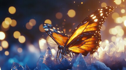 Butterfly's luminous perch on ethereal crystals, under a bokeh twilight