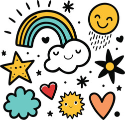 Playful Rainbows and Whimsy: Colorful, illustrated elements of joy, with a rainbow, smiling sun, happy cloud, stars, and hearts forming a joyful graphic, ready to evoke cheer.