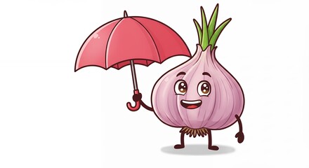 Cartoon garlic holding umbrella