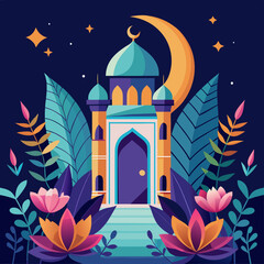 Obraz premium a mosque's entrance surrounded by flowering plants