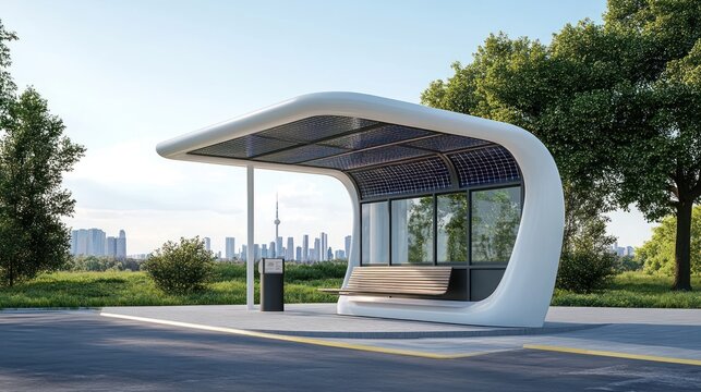 Futuristic solar powered bus stop in urban park with cityscape background