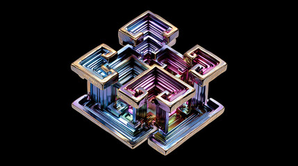 Iridescent bismuth crystal with geometric patterns and metallic rainbow hues—symbolizing complexity, order, and elemental beauty. Empty caption space on the side for design or text overlay.
