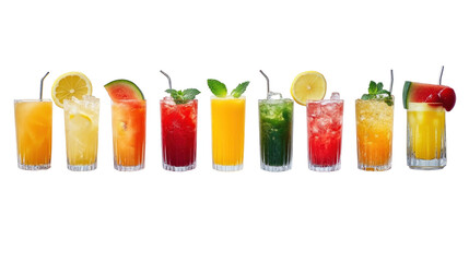 Vibrant Array of Colorful Cocktails and Refreshing Drinks on Display with Fresh Fruits and Garnishes