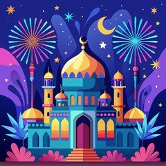 Fototapeta premium colorful night mosque with fireworks