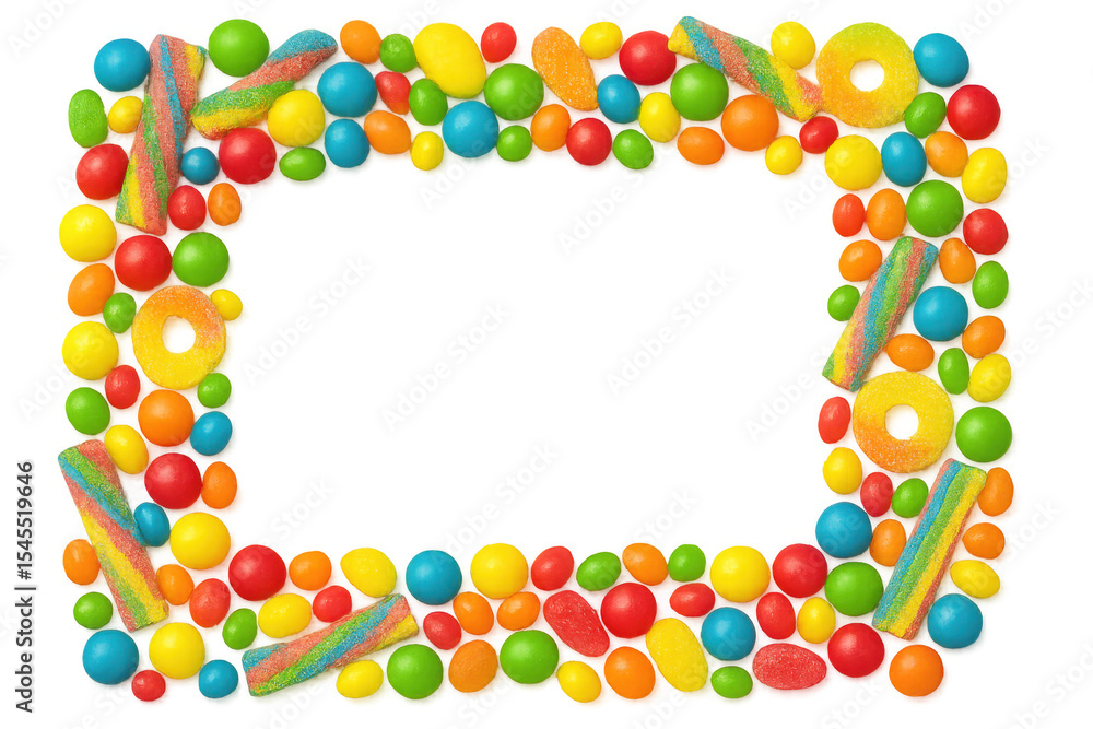 Poster assorted colorful candies forming a rectangular frame on a transparent background, providing a vibra