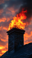 Chimney with visible flames rising, emphasizing the danger of fire hazards in residential areas. Highlights the importance of maintenance, safety, and fire prevention. Caption space on the side.
