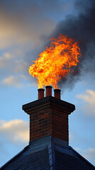 Chimney with visible flames rising, emphasizing the danger of fire hazards in residential areas. Highlights the importance of maintenance, safety, and fire prevention. Caption space on the side.
