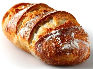 Golden crust artisan bread loaf presents delicious texture with flour dusting on a clean white background.