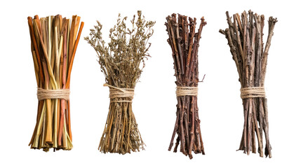Diverse Bundles of Natural Herbs, Twigs, and Sticks for Aromatic and Decorative Uses in Rustic Projects