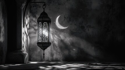 Ornate lantern glows beneath a crescent moon, casting intricate shadows