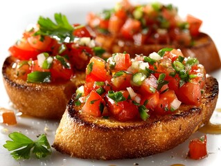 Delicious bruschetta appetizers topped with fresh tomatoes herbs and garlic served on toasted bread slices.