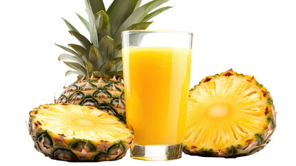 Fresh Pineapple Juice with Whole Pineapples and Slices on a White Background