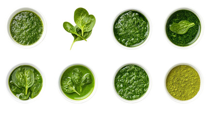 Various Types of Green Sauces and Spices with Fresh Spinach Leaves in White Bowls