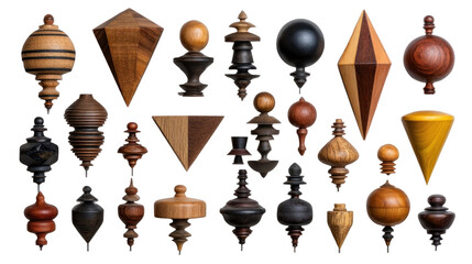 Assorted Collection of Wooden Spindles and Finials in Various Shapes and Textures Ideal for Crafting and Home Decor