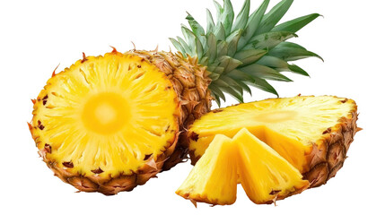 Fresh Pineapple Slices Isolated on White Background with Whole Pineapple