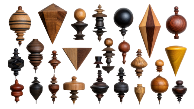 Assorted Collection of Wooden Spindles and Finials in Various Shapes and Textures Ideal for Crafting and Home Decor