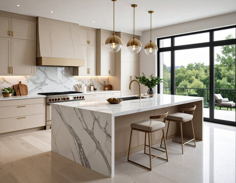 Modern kitchen design features elegant cabinetry, marble countertops, and stylish pendant lighting, creating harmonious blend of sophistication and comfort. open layout invites natural light