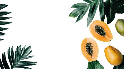 Fresh Tropical Fruits on Dark Background with Green Palm Leaves for Natural and Healthy Food Concepts