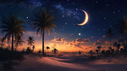 Enchanting Desertscape, A serene nightscape with palms and celestial moon