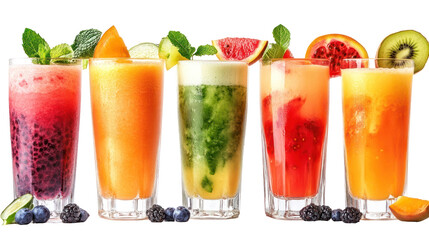 Refreshing Smoothie Beverages in Colorful Glasses with Fresh Fruits and Mint Leaves