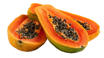 Fresh and Juicy Papaya Slices with Vibrant Orange Flesh and Dark Seeds on a Bright Background