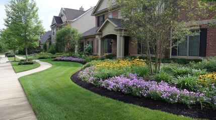 Curved front yard landscaping design with vibrant perennials, natural edging, and bark mulch