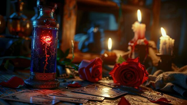 Mystical still life with a rose in a bottle, tarot cards, and candles on a wooden table, creating a magical and romantic atmosphere