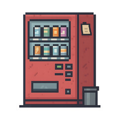 8-bit pixel art of a vending machine with visible drinks, buttons, and glass panel, designed for retro game scenes or city backgrounds