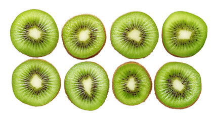 Freshly Sliced Ripe Kiwi Fruit Arranged in a Perfect Pattern on a White Background