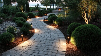 Obraz premium Curved garden path with decorative lighting and mulch, leading past sculpted bushes