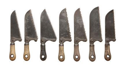 Vintage Collection of Kitchen Knives and Saws on White Background for Culinary Arts and Cooking Displays