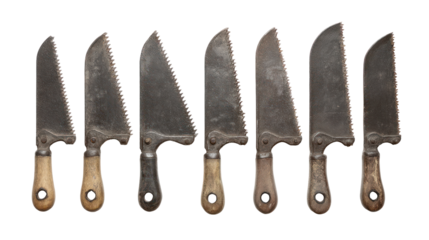 Vintage Collection of Kitchen Knives and Saws on White Background for Culinary Arts and Cooking Displays