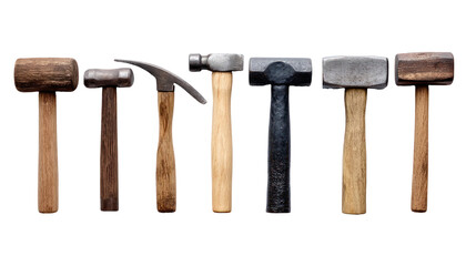 Variety of Hammers Displayed on a White Background, Showing Diverse Shapes and Sizes for Different Applications