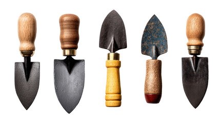Set of Five Vintage Garden Hand Tools with Wooden and Metal Handles for Digging and Planting