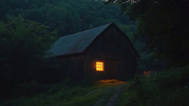 Solitary barn glows warmly amidst a tranquil forest landscape at dusk - Powered by Adobe