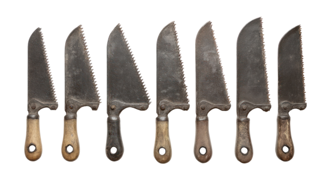 Vintage Collection of Kitchen Knives and Saws on White Background for Culinary Arts and Cooking Displays