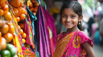 Radiant smile of an Indian girl amidst vibrant market colours