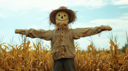 Autumn sentinel, A scarecrow smiles amidst the golden harvest fields