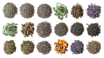 Collection of Dried Herbs and Spices Displayed in Circular Piles for Culinary and Herbal Use
